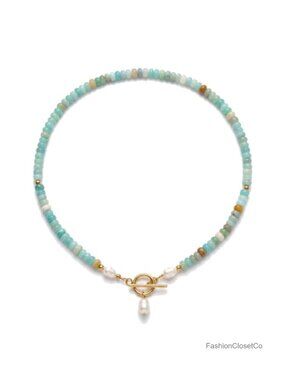 Bohemian Turquoise Beaded Choker Necklace Statement Boho Pearl Link